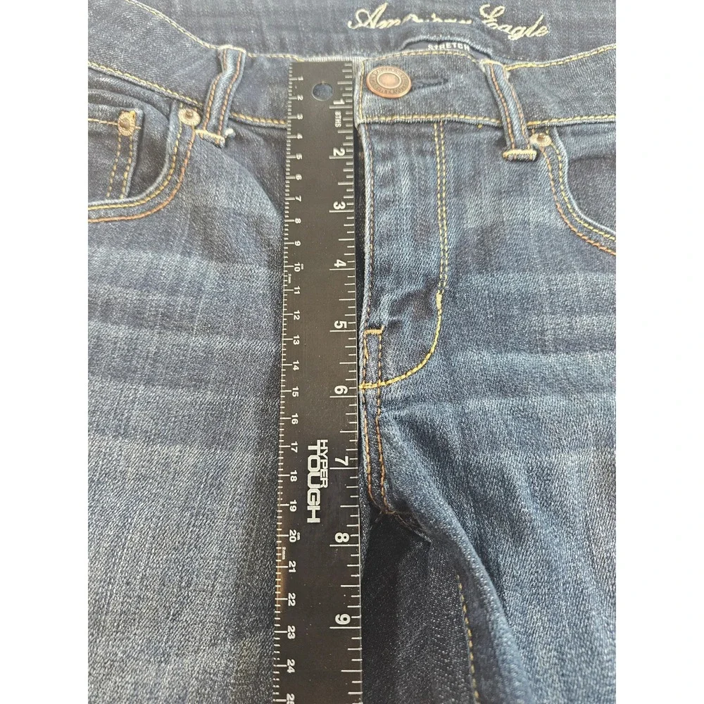 American Eagle Long Denim Shorts Women 12 Dark Wash‎ Raw Hem Stretch
